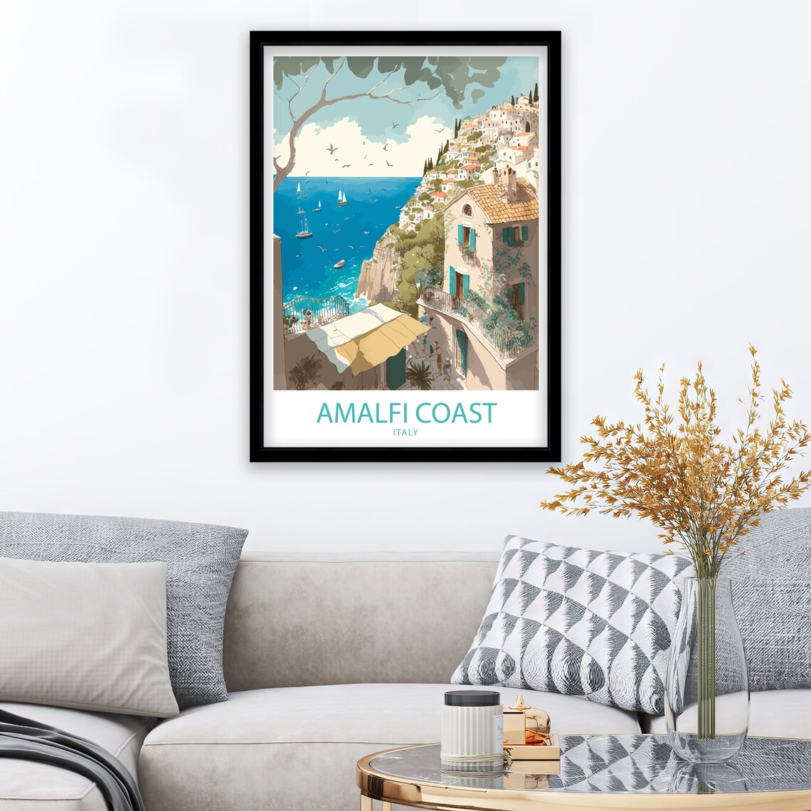 Amalfi Coast Italy Hillside Village Sailboats Watercolor Travel Poster - Image 2