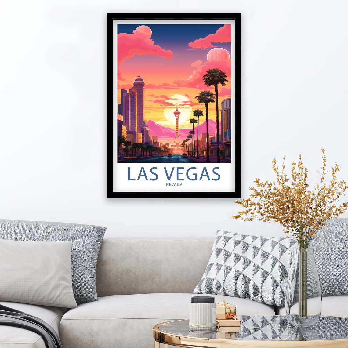 Las Vegas Nevada Sunset STRAT Tower Palm Trees Pink Sky Art Poster - Image 3