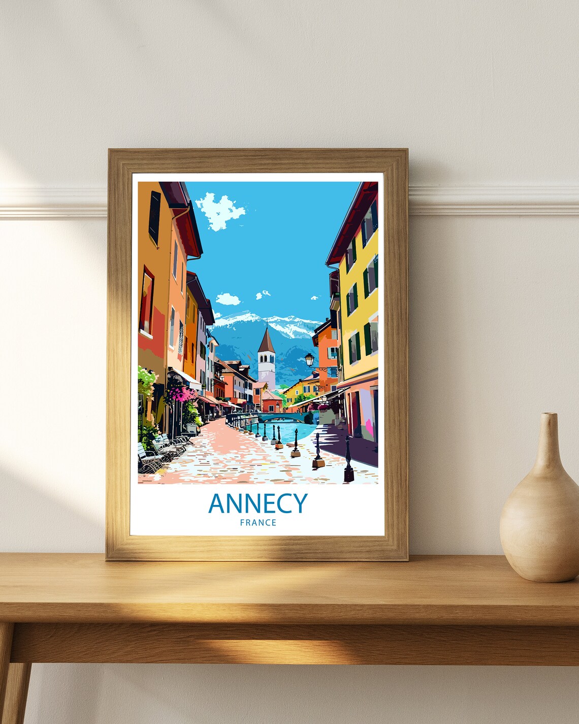 Annecy France Canal Lined with Cafes and Alpine Mountain View Poster - Image 2