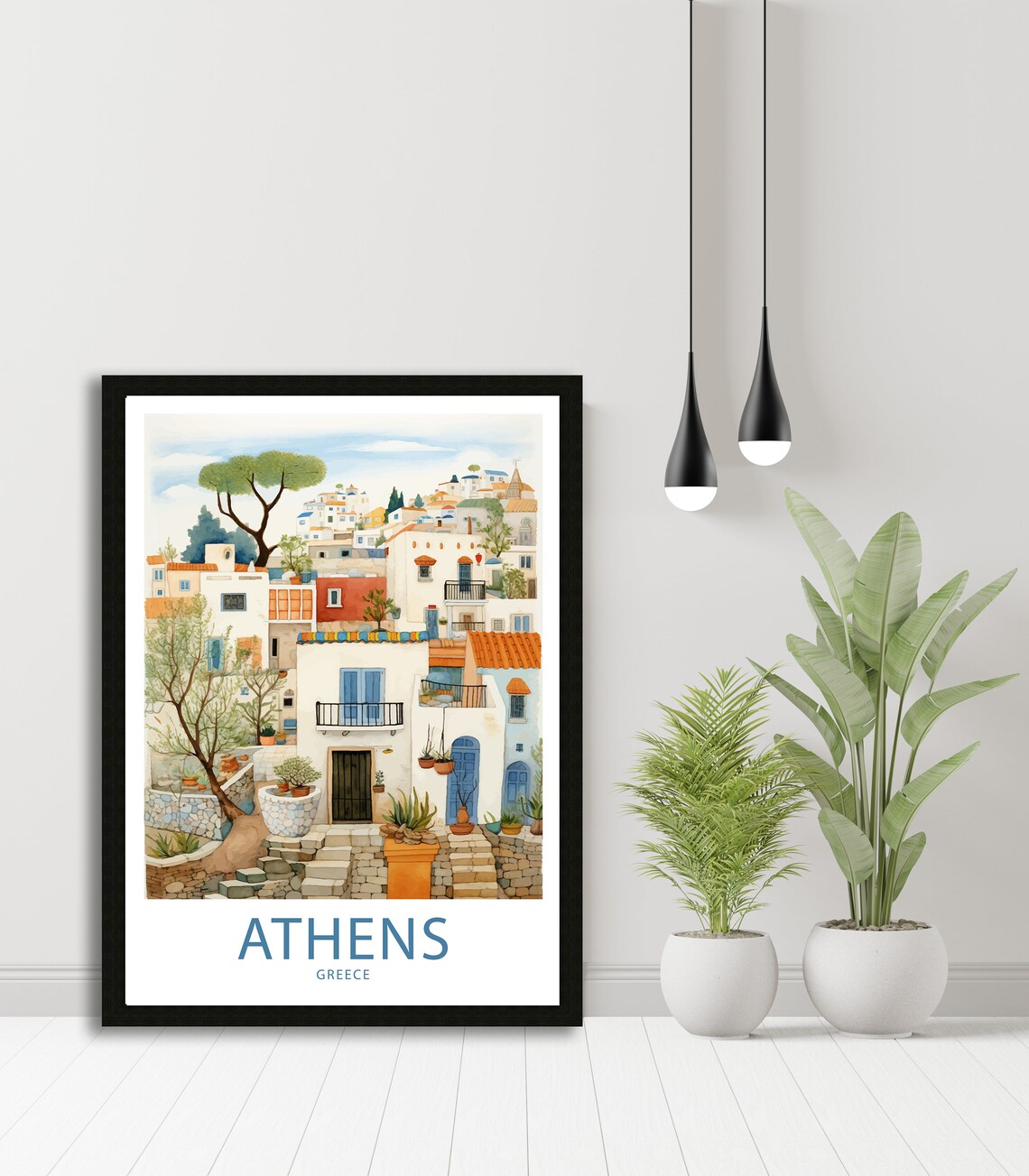 Athens Greece Whitewashed Village Lane Watercolor Travel Poster - Image 5