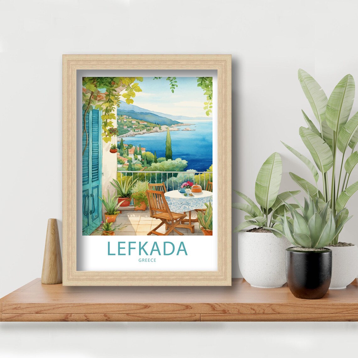 Lefkada Greece Sunny Terrace Sea View Watercolor Travel Poster - Image 6