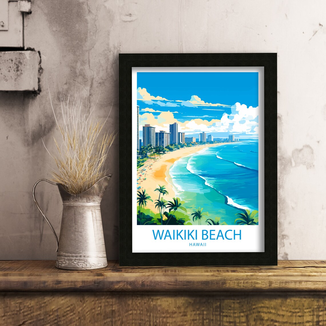 Waikiki Beach Hawaii Turquoise Shoreline Hotel Skyline Travel Poster - Image 6