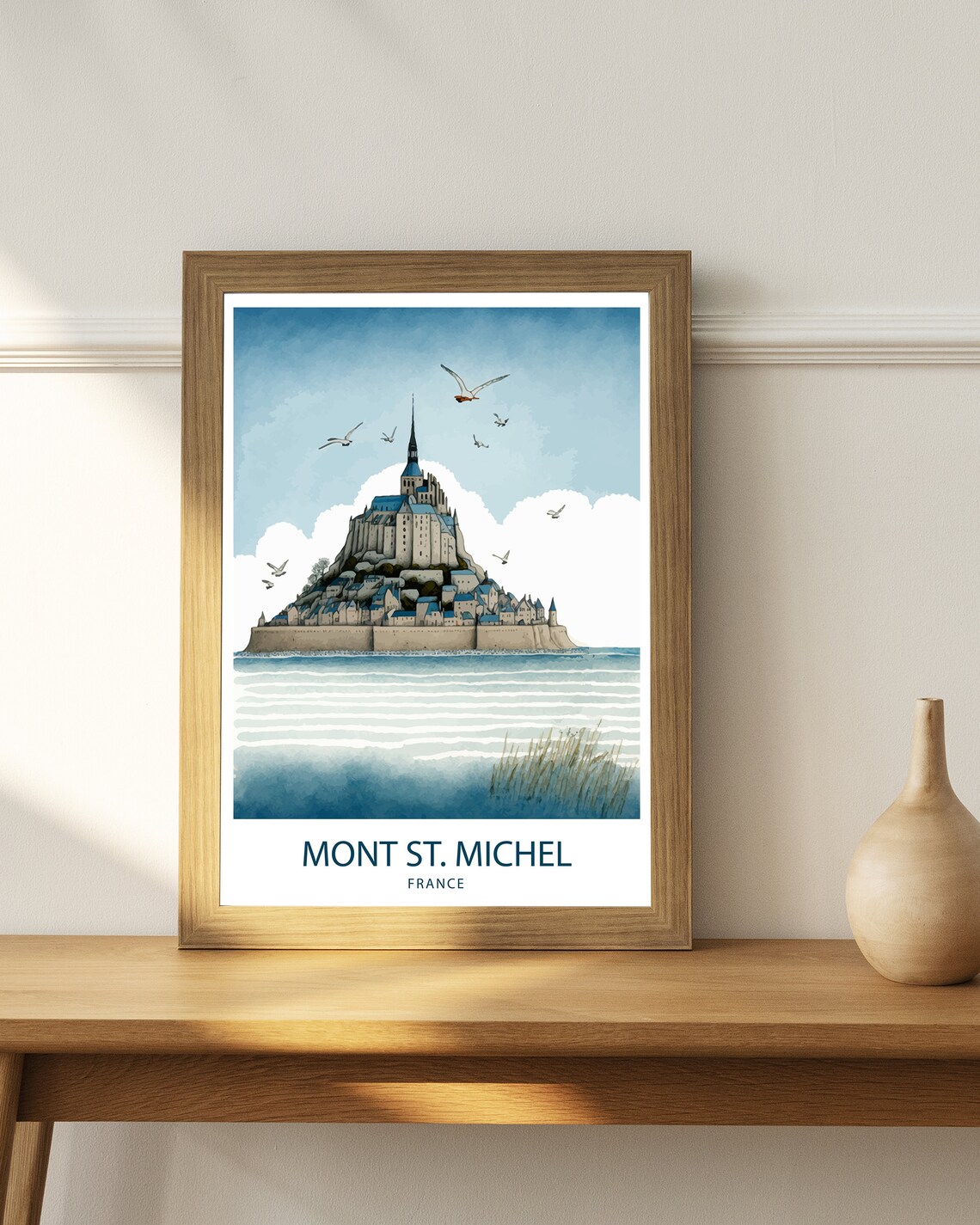 Mont St Michel France Watercolor Abbey Seagulls Travel Poster - Image 3