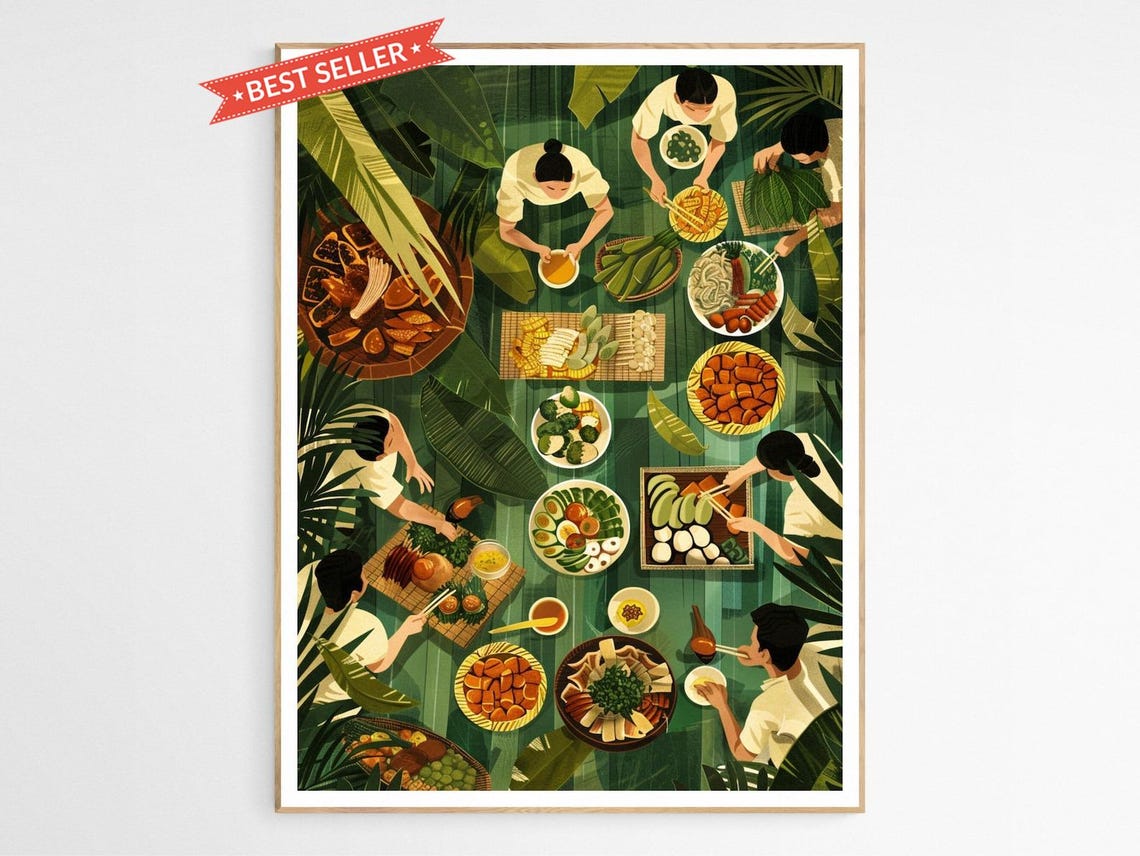 Filipino Boodle Fight Banana Leaf Feast Vibrant Illustration Poster
