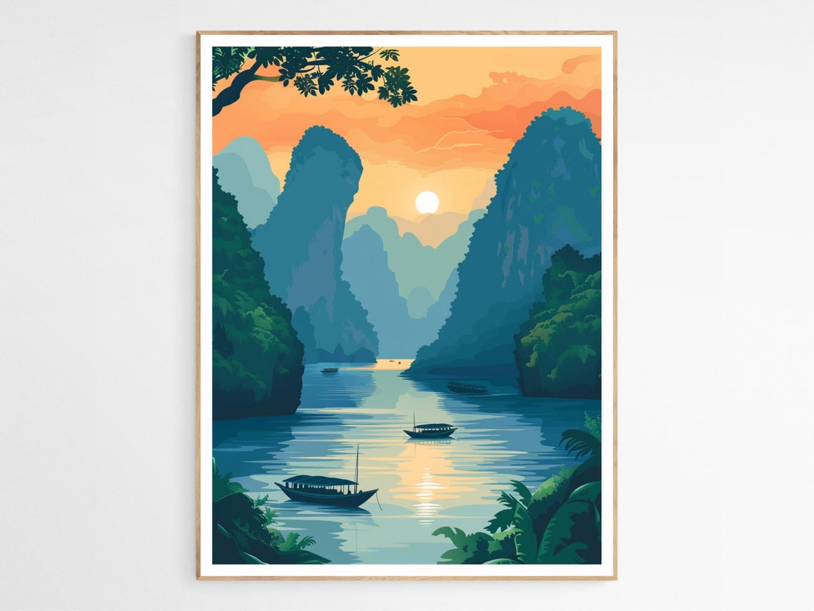 Vietnam Bay Sunset Karst Mountains Boats Flat Illustration Poster