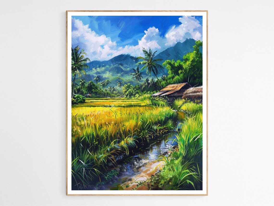 Philippines Rice Field Village Painting With Golden Paddies Poster