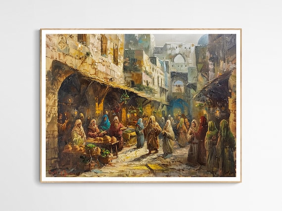 Bethlehem Old Market Street Bustling Village Oil Painting Poster