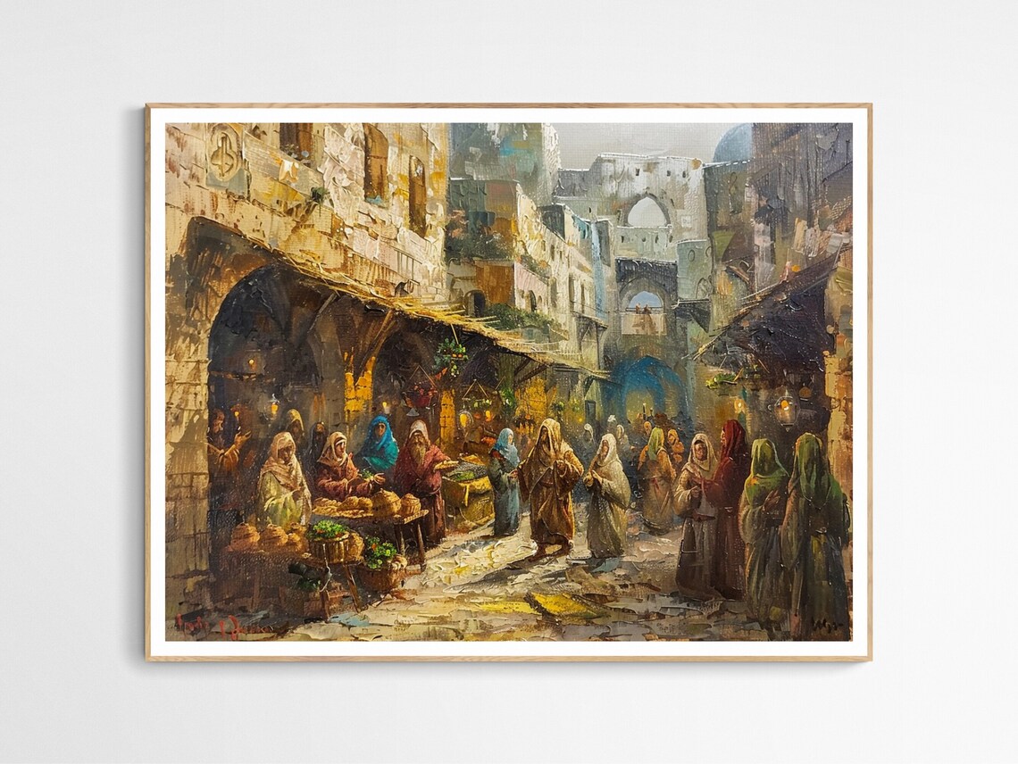 Bethlehem Old Market Street Bustling Village Oil Painting Poster