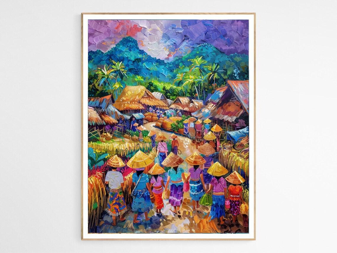 Filipino Village Market Women in Conical Hats Vibrant Art Poster
