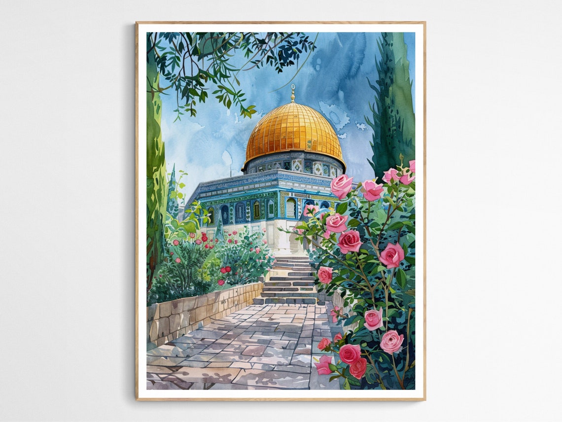 Dome of the Rock Blooming Rose Garden Path Watercolor Painting Poster