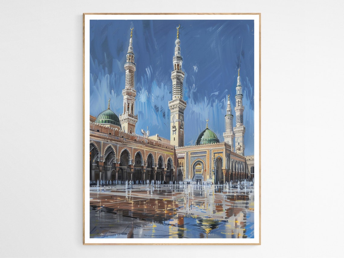 Nabawi Mosque Courtyard Arches Painting Islamic Wall Decor Poster