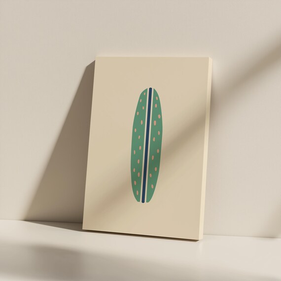 Minimalist Green Surfboard Dotted Boho Coastal Surf Wall Art