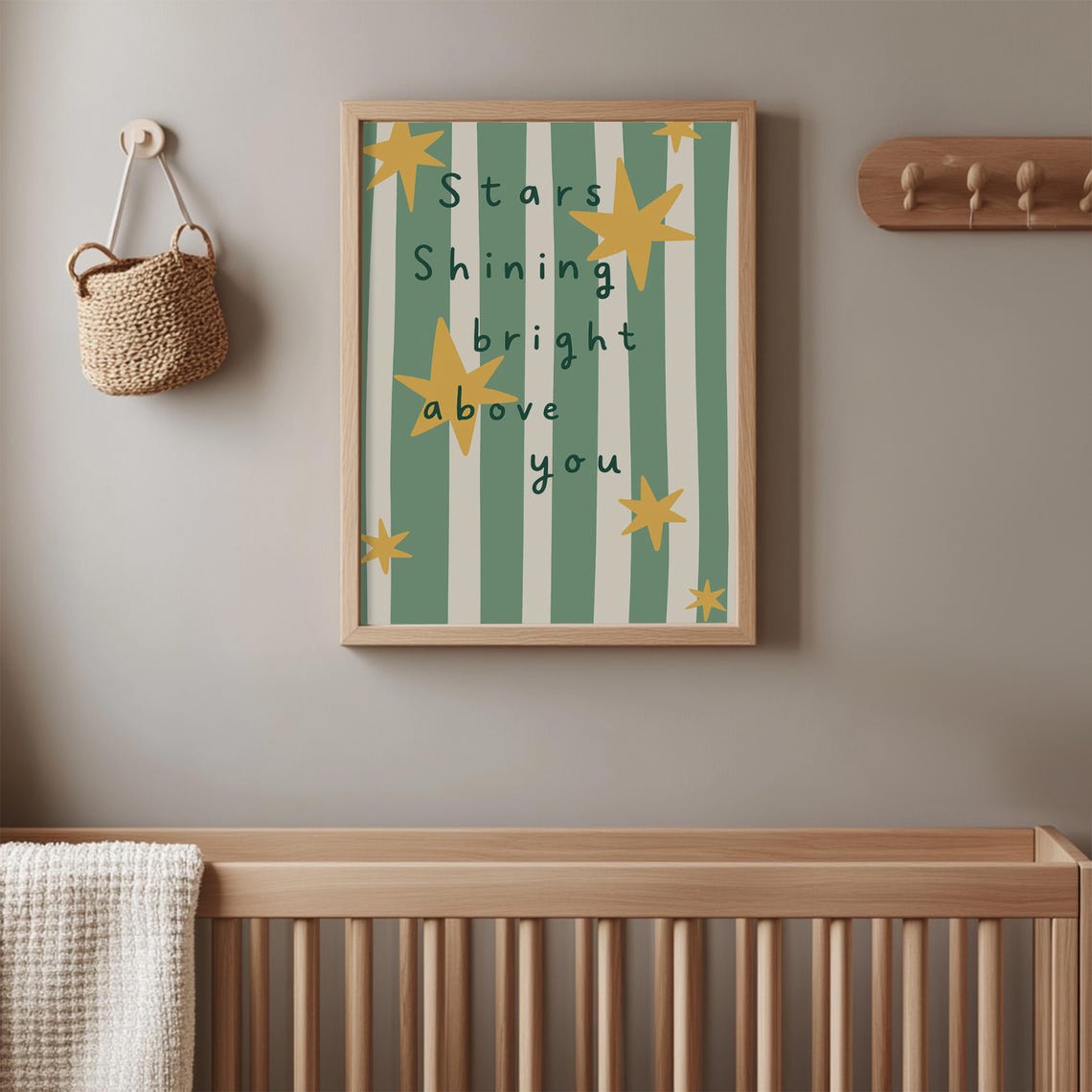 Yellow Stars On Green Stripes Print Whimsical Nursery Wall Art