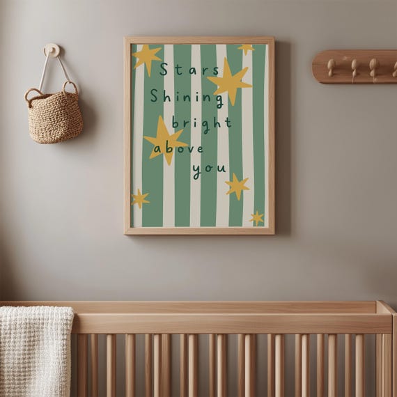 Yellow Stars On Green Stripes Print Whimsical Nursery Wall Art