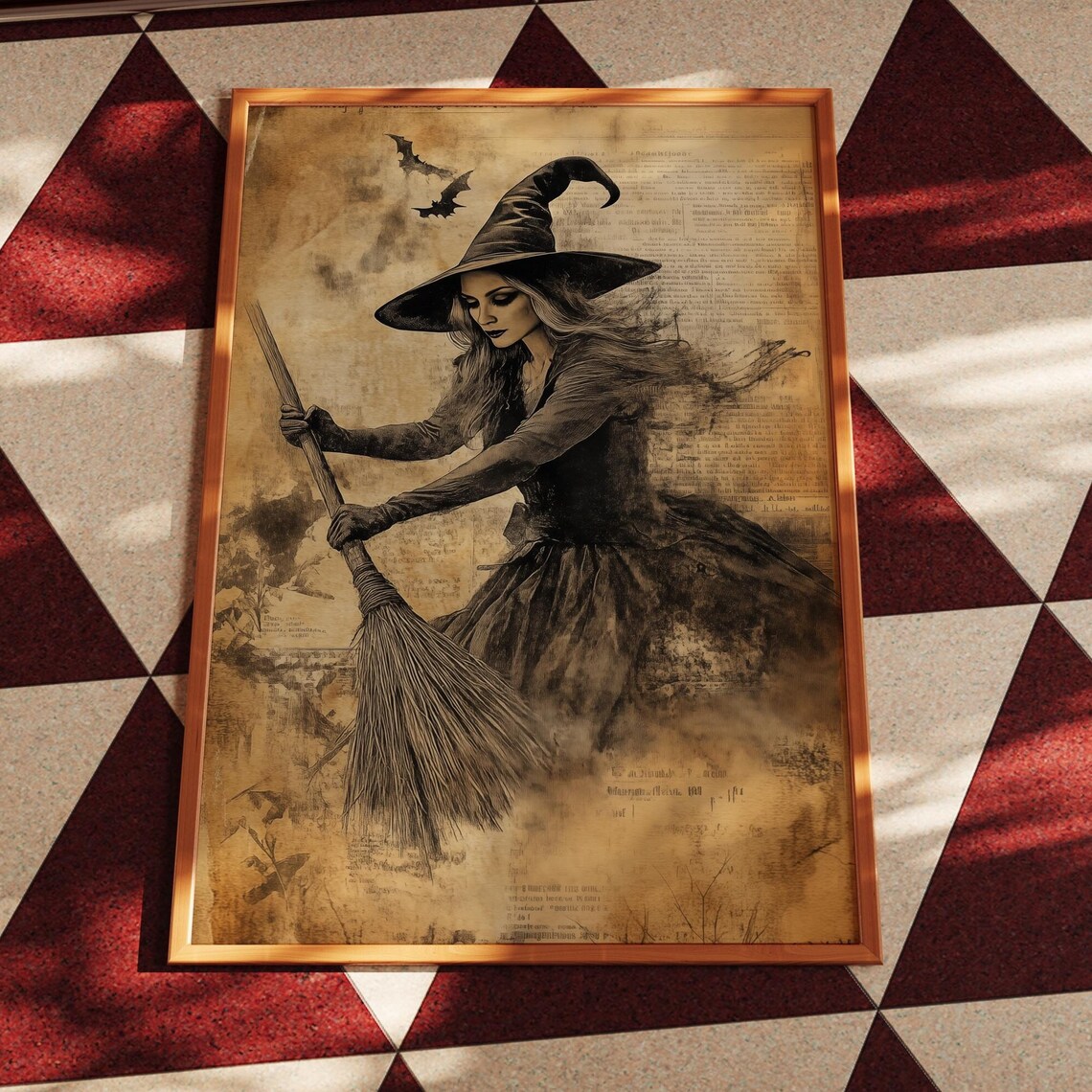 Vintage Sepia Witch with Broom and Bats Halloween Art Poster