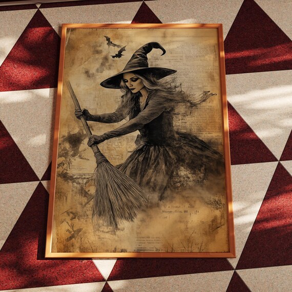 Vintage Sepia Witch with Broom and Bats Halloween Art Poster