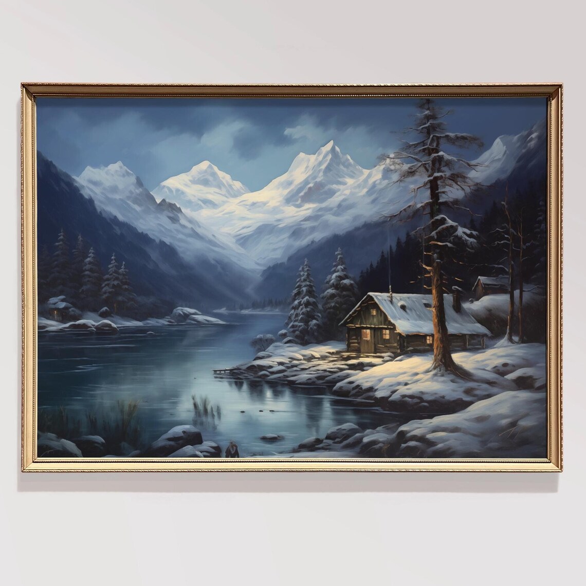 Vintage Winter Night Holiday Landscape Painting Christmas Forest Wall Art Christmas Decor Wall Art Moody Wall Art Mountain Wall Art Seasonal