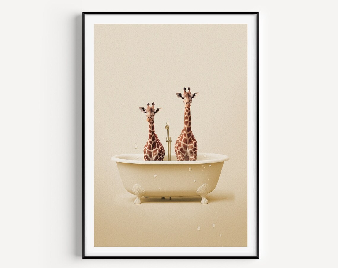 Two Giraffes In Bathtub Funny Quirky Minimalist Animal Poster
