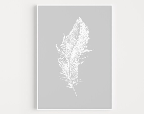 White Feather on Grey Background Minimalist Sketch Style Wall Art