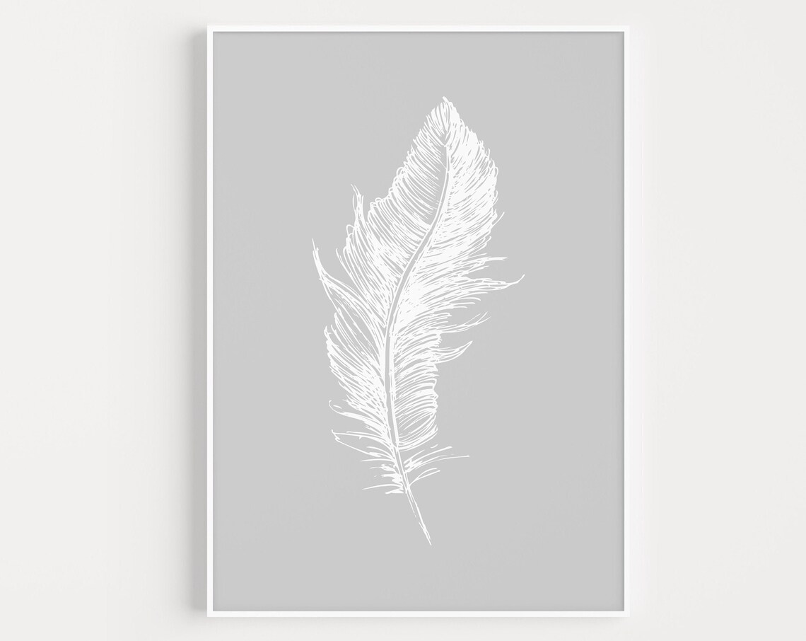 White Feather on Grey Background Minimalist Sketch Style Wall Art