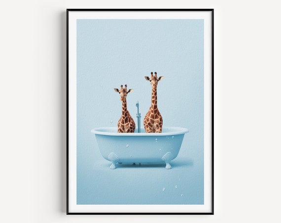 Blue Bathroom Print Giraffe Giraffes In Bath Poster Wall Art Decor Animal