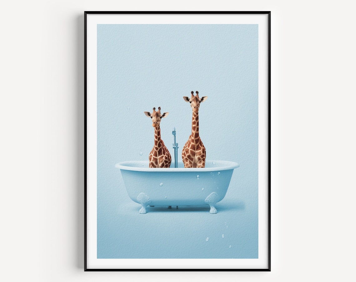 Two Giraffes in a Fun Blue Bathtub Cute Nursery Bathroom Poster