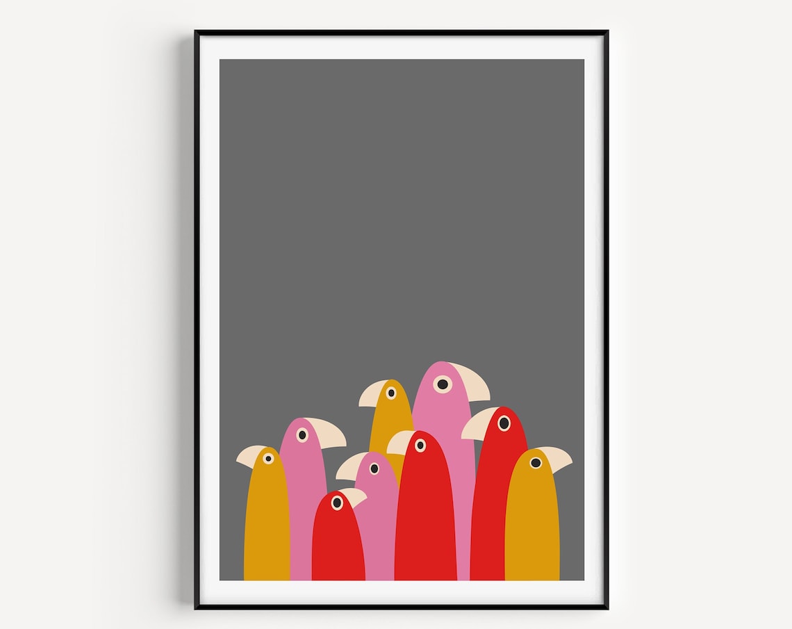 Scandinavian Minimalist Bird Flock Grey Background Modern Nordic Poster
