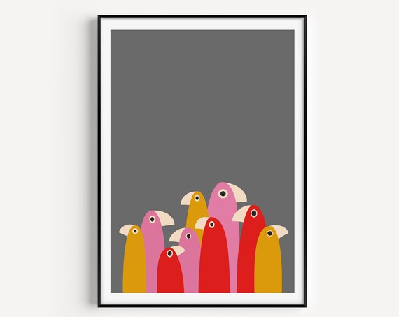 Bird Wall Art Print Scandi Minimalist Nordic Grey Pink Red Modern Poster
