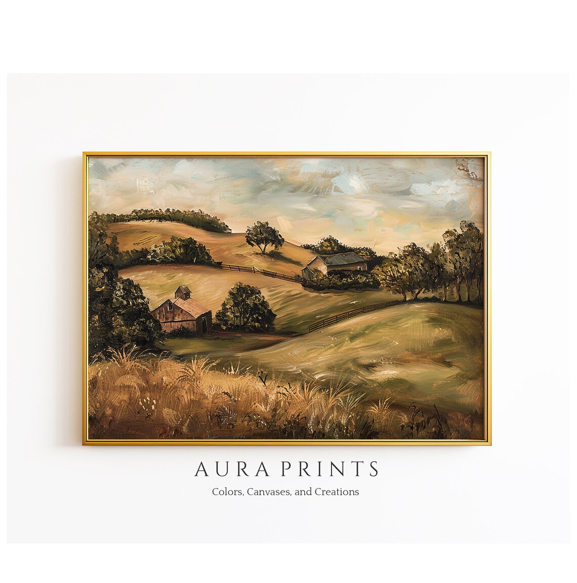 Rolling Golden Hills And Barns Vintage Countryside Landscape Poster