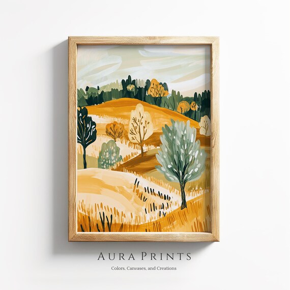 Golden Autumn Rolling Hills Stylized Trees Modern Folk Art Poster