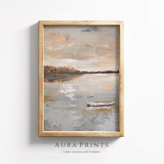 Spring Lake With Boat Vintage Painting Wall Art Lakehouse Decor 0379