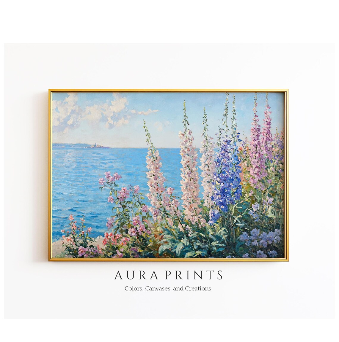 Delphiniums and Foxgloves by the Sea Floral Oil Painting Poster
