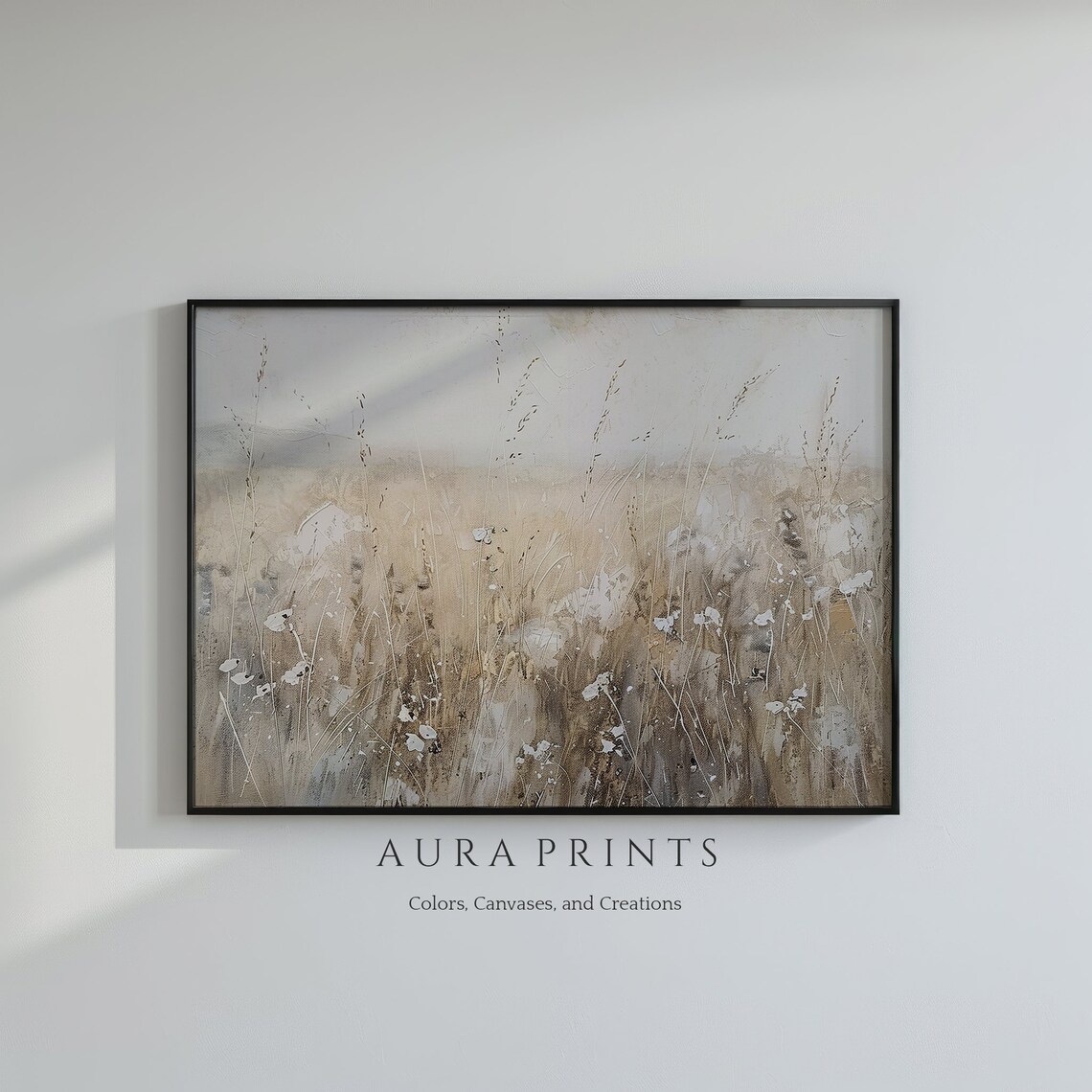 Wildflower Meadow Beige Tones Vintage Landscape Oil Painting Wall Art