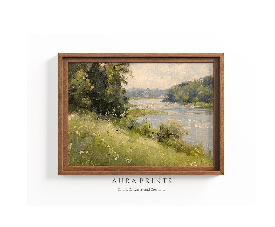 Peaceful Summer Riverbank Vintage Nature Oil Painting Poster