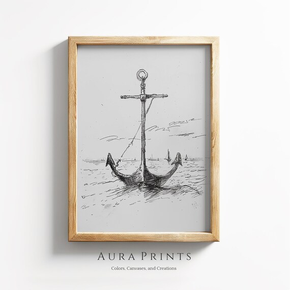 Anchor Ink Sketch Hand Drawn Nautical Seascape Sailboat Poster