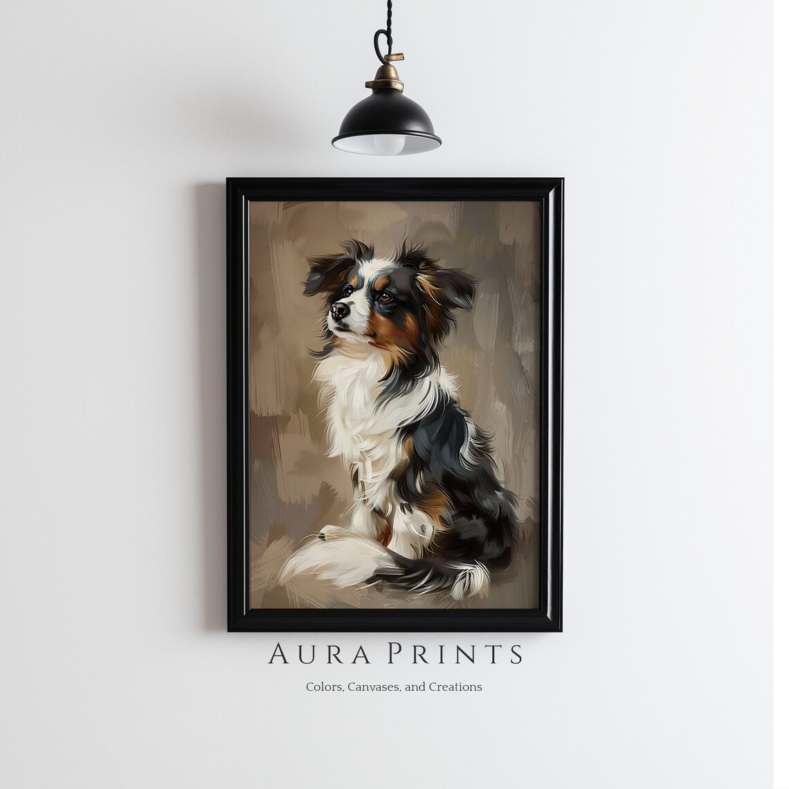Tricolor Australian Shepherd Puppy Portrait Oil Painting Poster