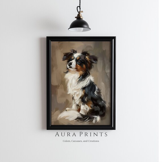 Tricolor Australian Shepherd Puppy Portrait Oil Painting Poster