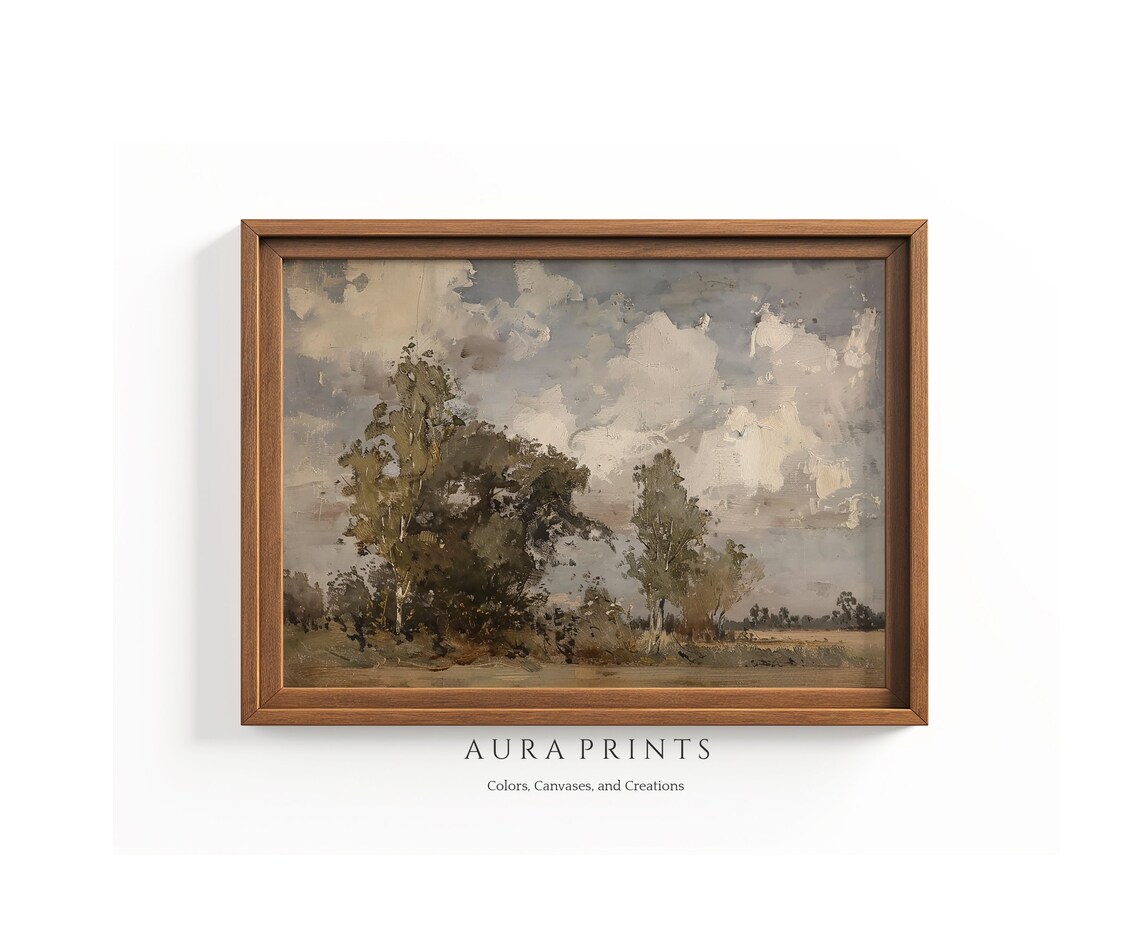 Tranquil Meadow Trees Cloudy Sky Vintage Oil Landscape Poster