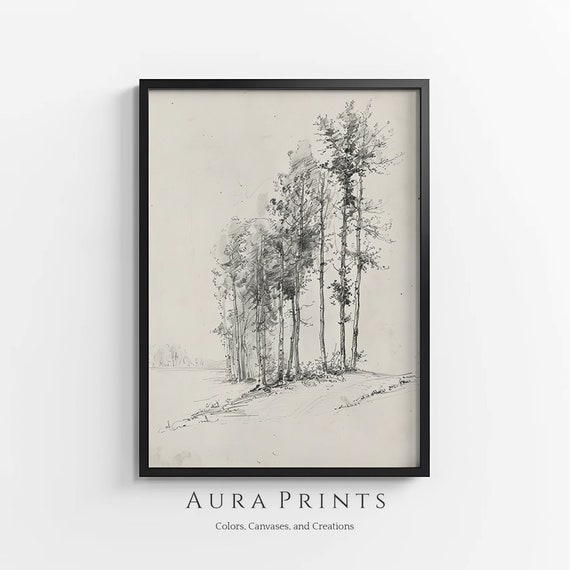 Forest Path Sketch Neutral Drawing Vintage Wall Art Rustic Cottage Gift 0990