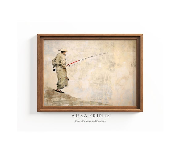 Ancient Japanese Man Fishing For Father Wall Art Vintage Landscape Tranquil Home Office Decor 0614