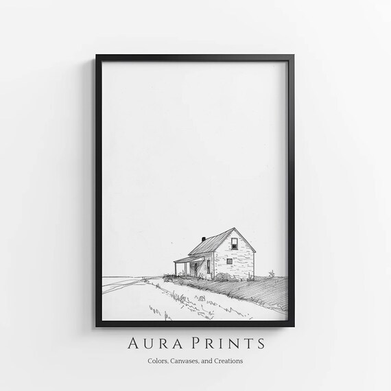 Farmhouse Pencil Sketch Rural Road Minimalist Drawing Art Poster