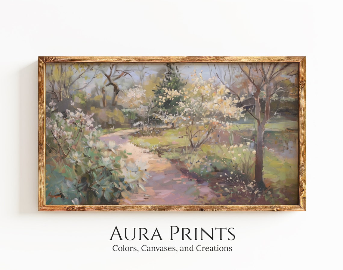 British Garden In Spring Blossom Trees Path Oil Painting Poster