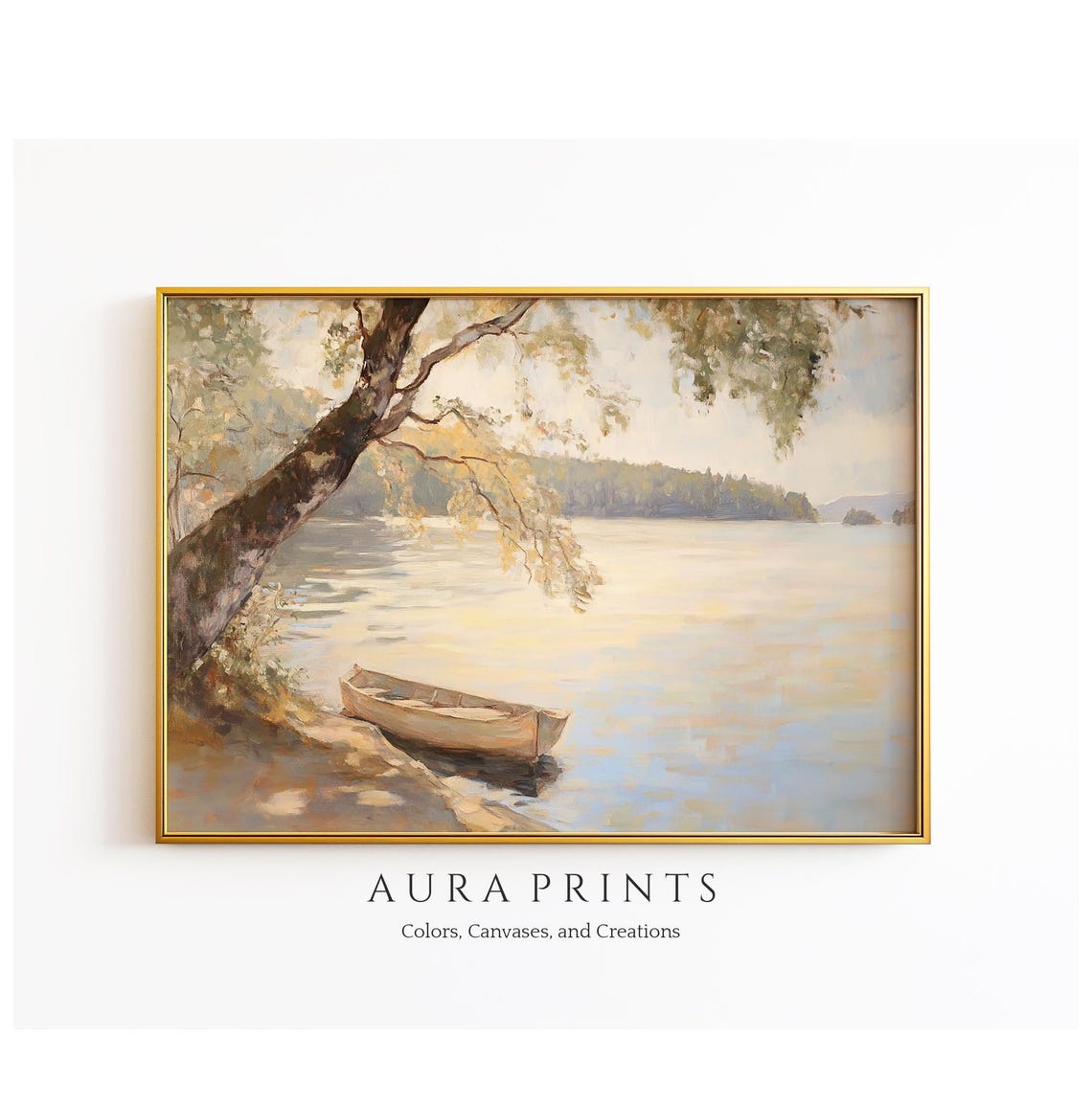 Serene Lakeside Boat Under Tree Morning Light Oil Painting Poster