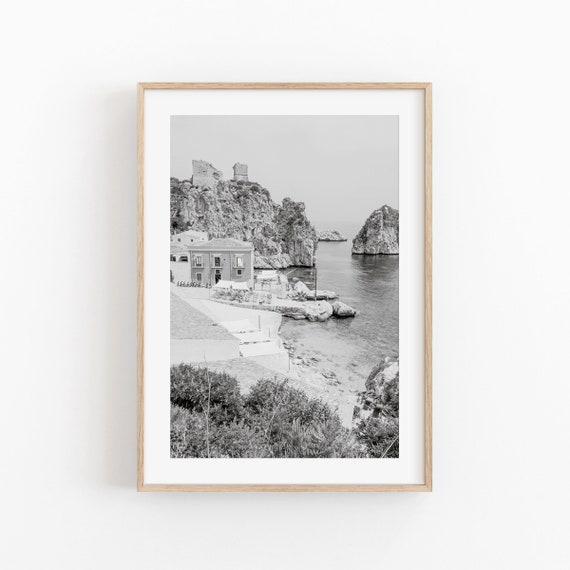 Black And White Sicily Italy Travel Poster, Beach