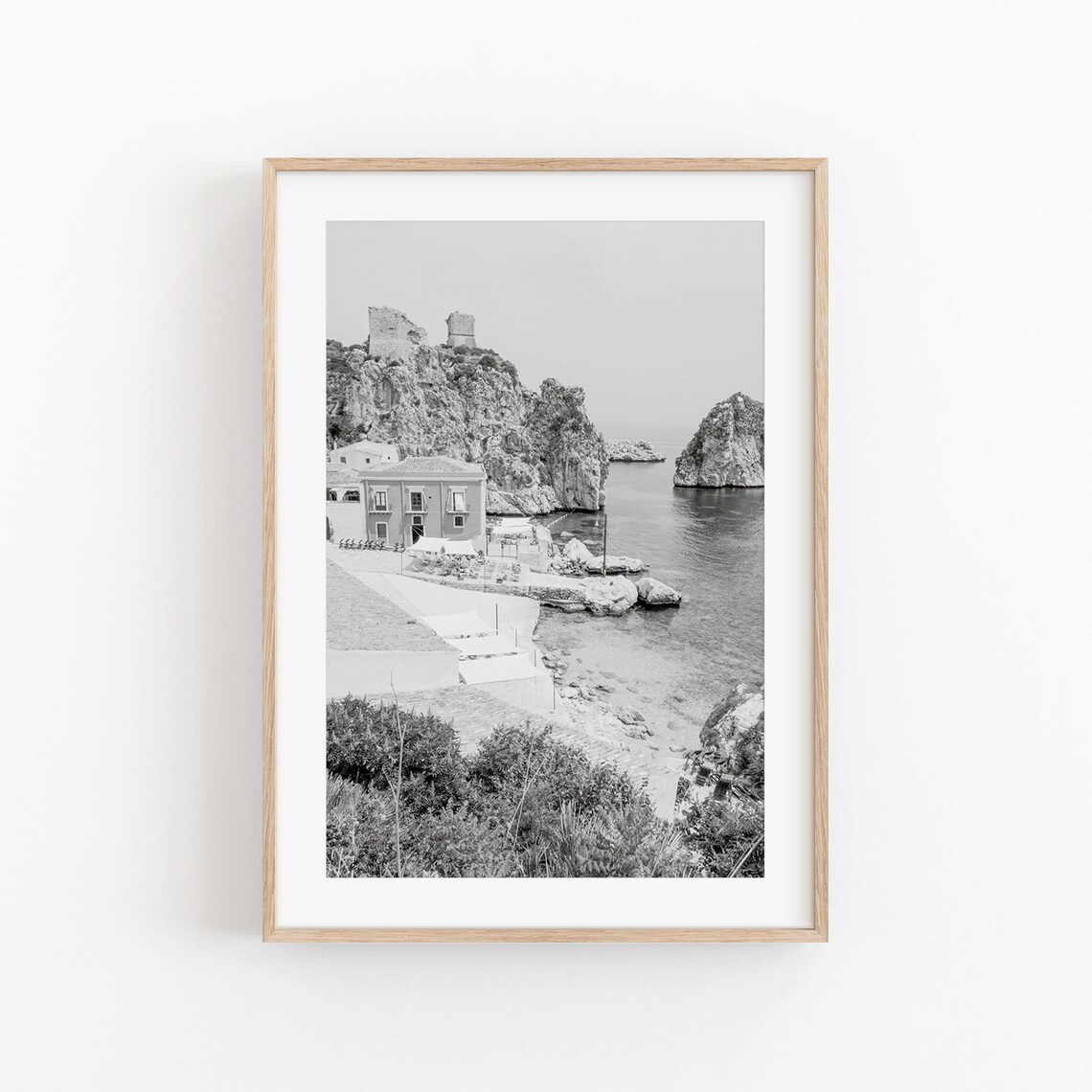 Black And White Sicily Italy Travel Poster, Beach