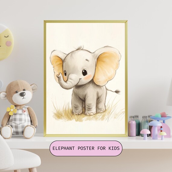 Adorable Baby Elephant With Big Golden Ears Nursery Wall Poster