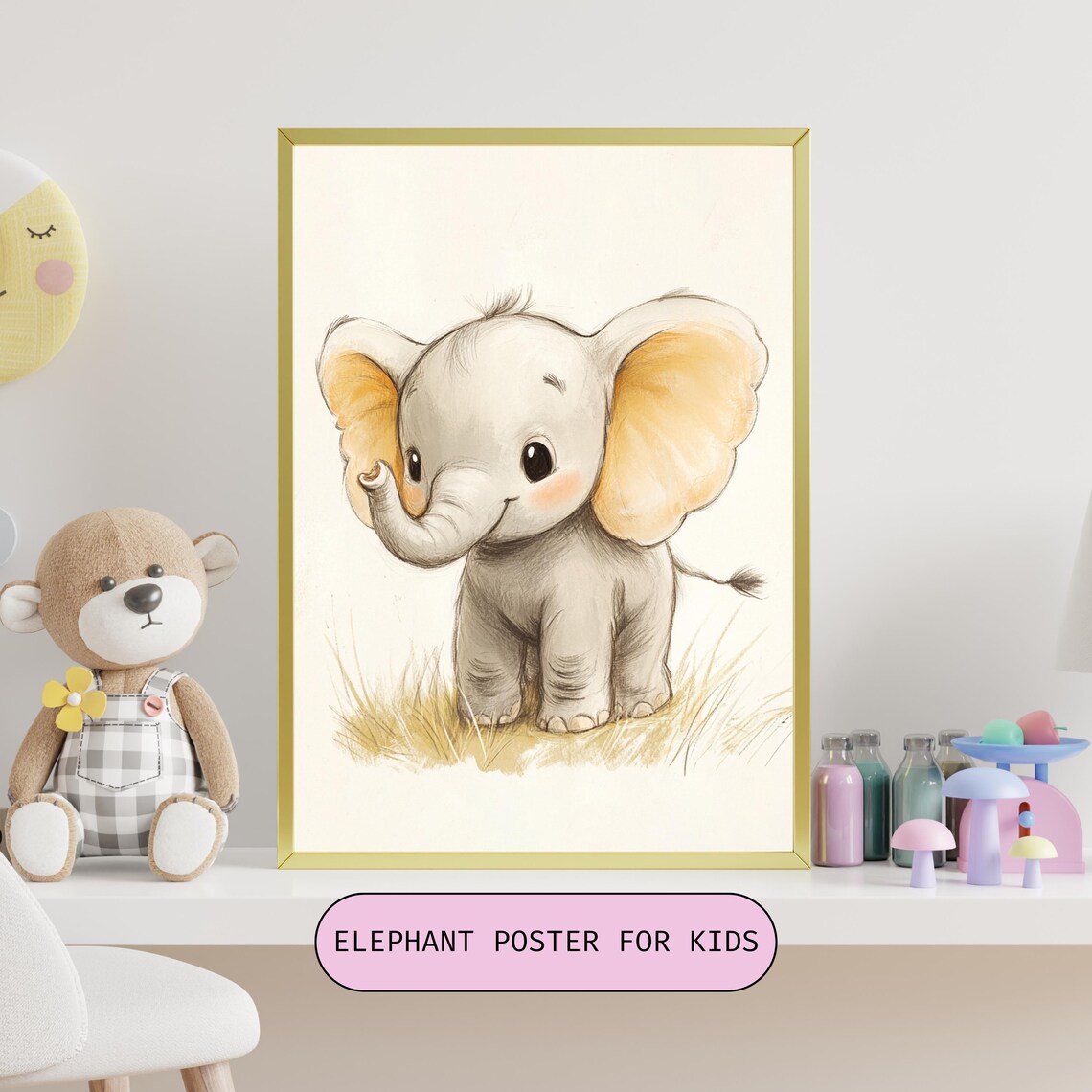 Adorable Baby Elephant With Big Golden Ears Nursery Wall Poster