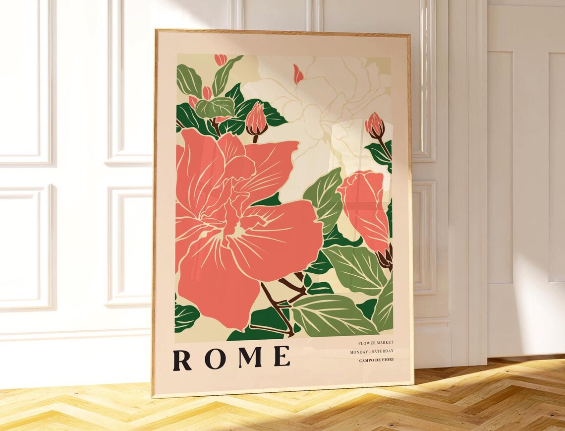 Rome Flower Market Italian Botanical Coral Hibiscus Bloom Poster