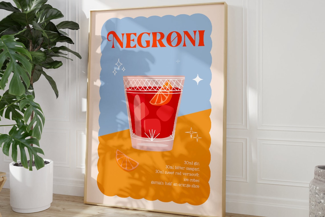 Negroni Cocktail Print, Colorful Kitchen Art