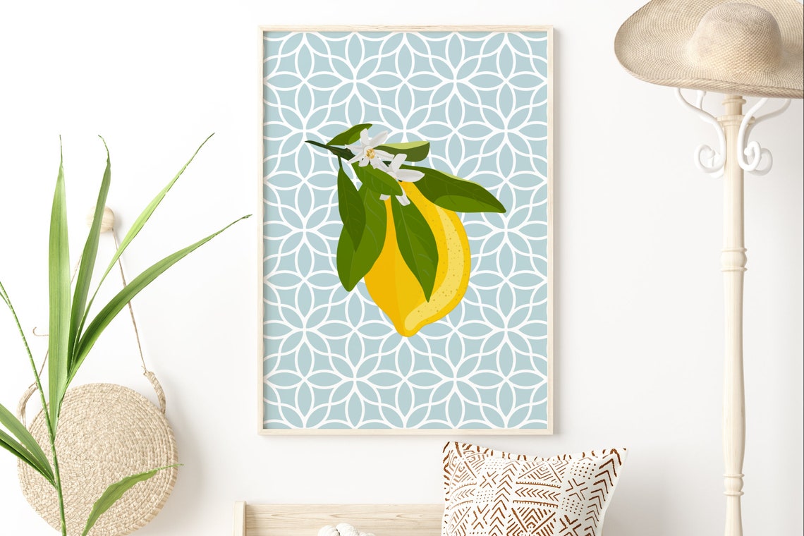 Lemon Botanical Blue Patterned Citrus Fruit Kitchen Art Poster